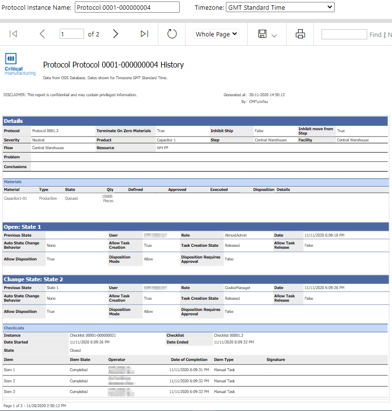 Screenshot showing a system report with protocol instance history details.