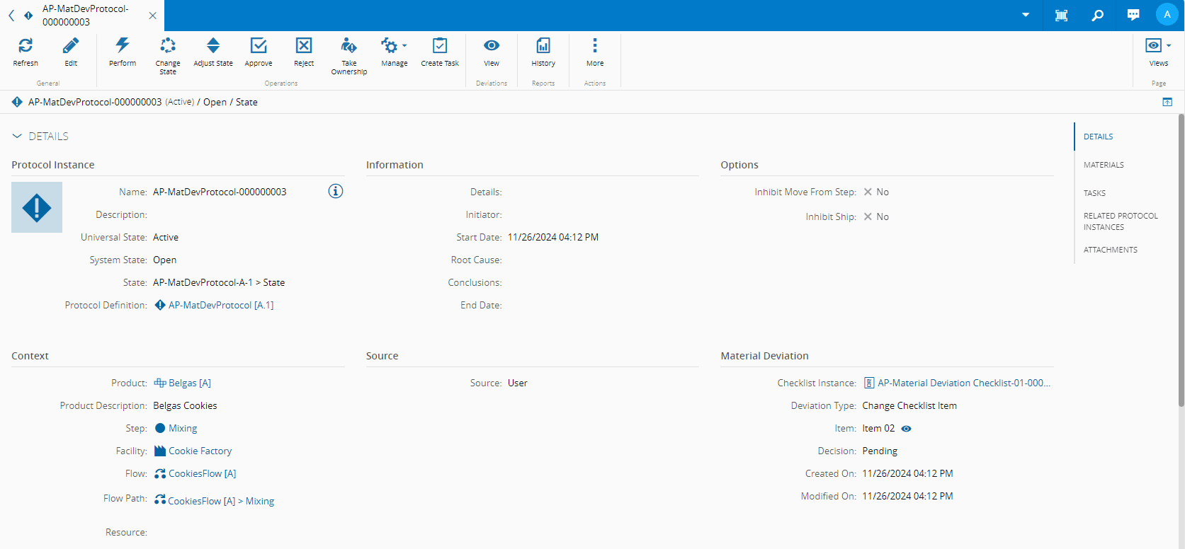 Screenshot showing details of a protocol instance in the Details View.