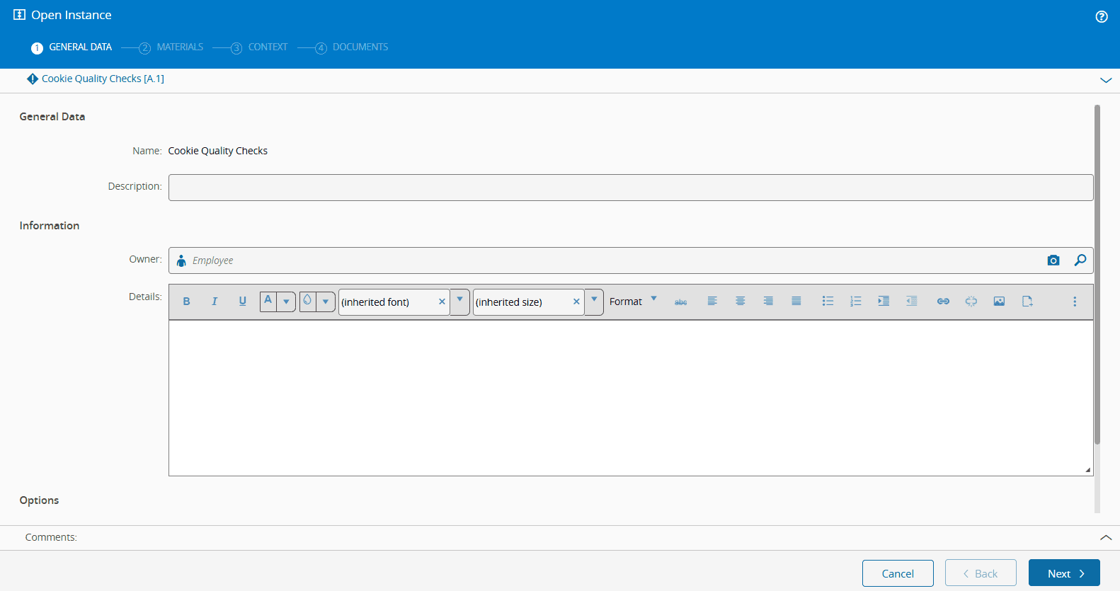 Screenshot showing a protocol instance general data page with an option to inhibit ship.