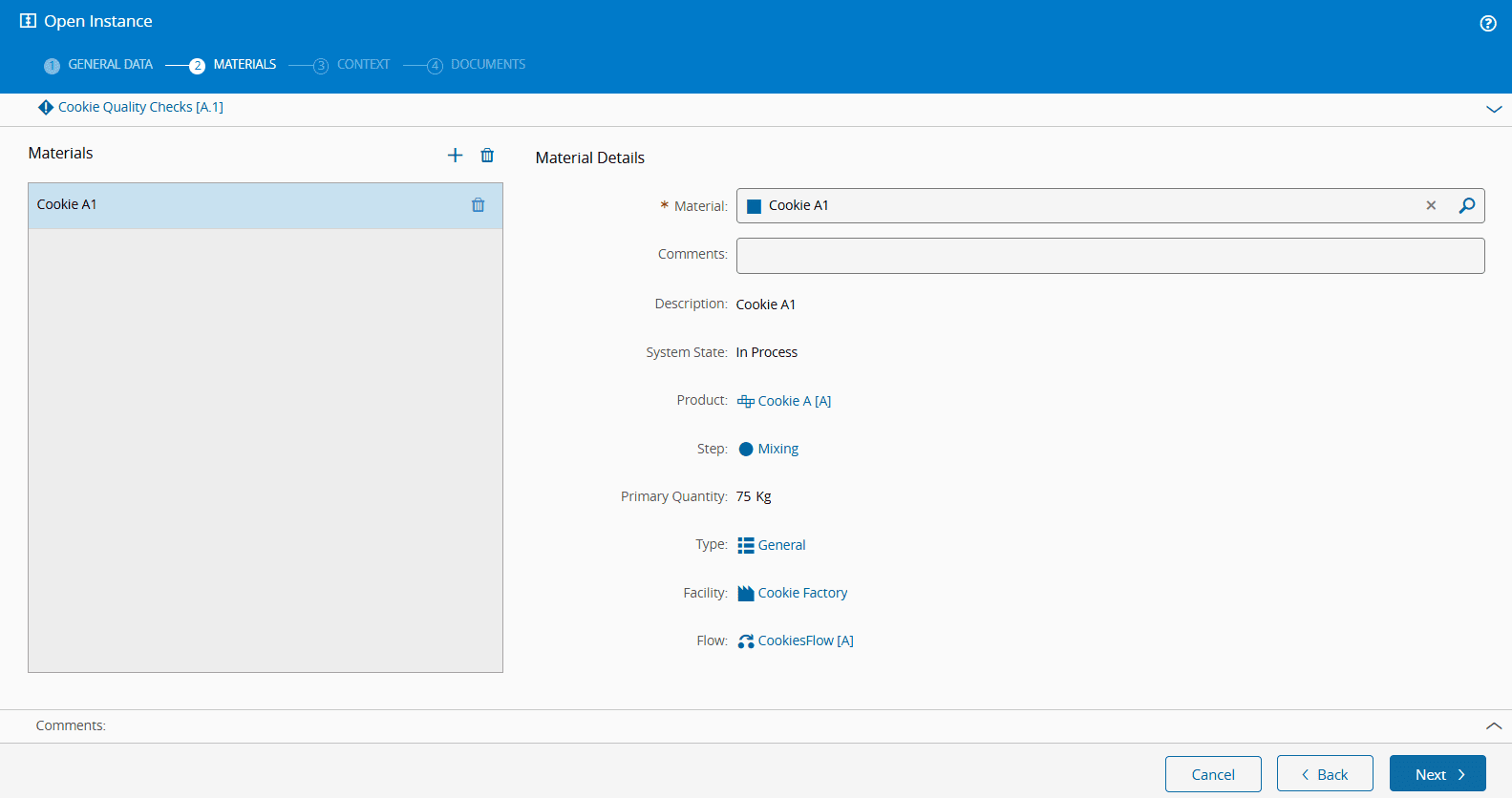 Screenshot showing a protocol instance materials selection interface.