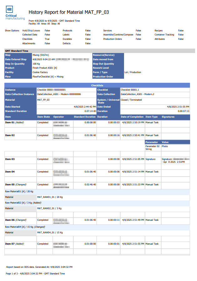 Screenshot showing a checklist for material history, including details about MAT_FP_O3.