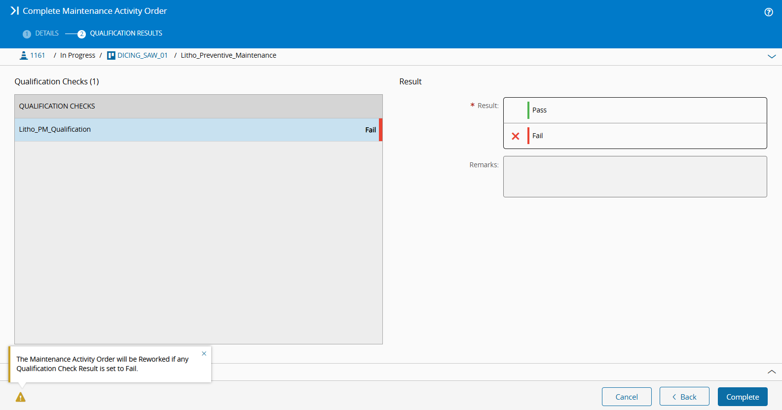 Screenshot showing how to complete a maintenance activity order - adding qualification results
