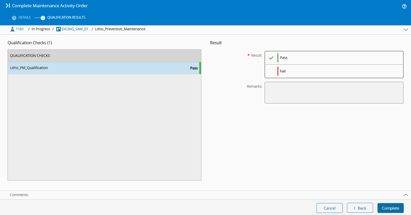Screenshot showing how to complete a maintenance activity order - adding qualification results