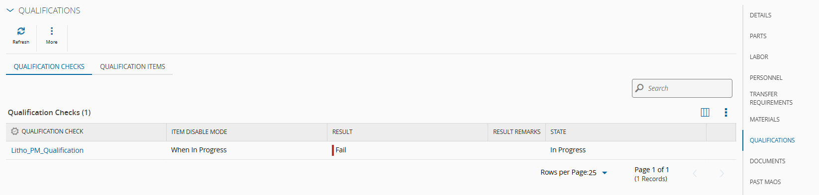 Screenshot showing the qualification checks of the MAO when the results are set to fail