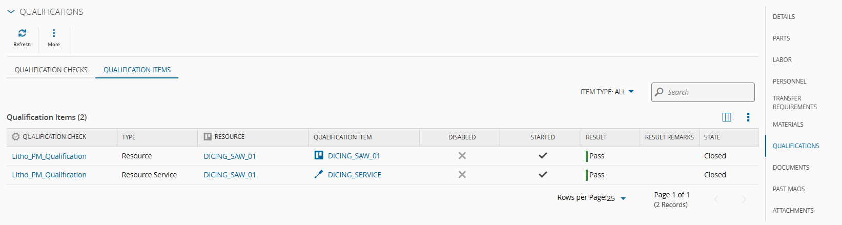 Screenshot showing the qualification items of the MAO when the results are set to Pass