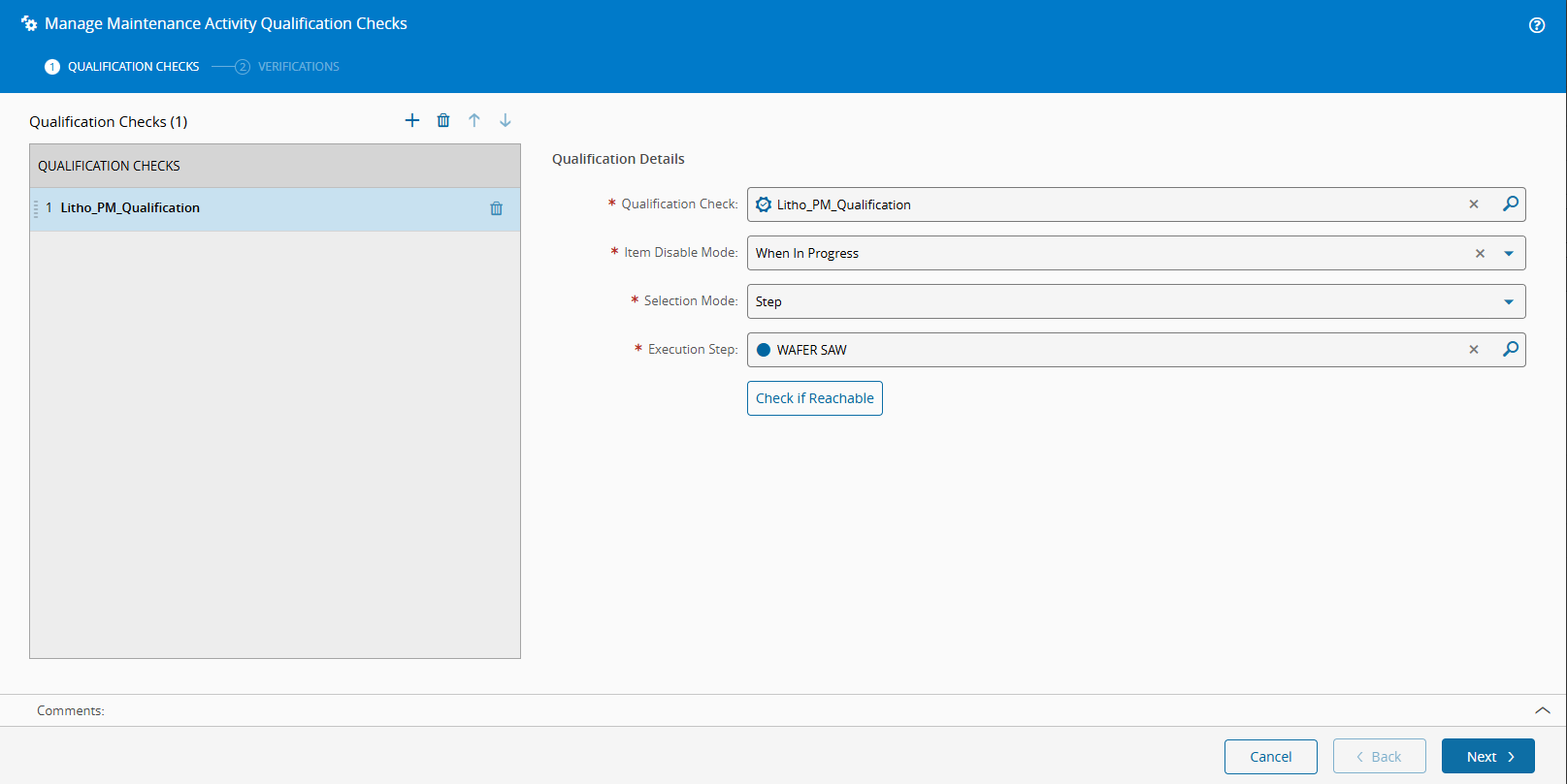 Screenshot showing the Qualification Checks step of the manage maintenance activity qualification checks wizard