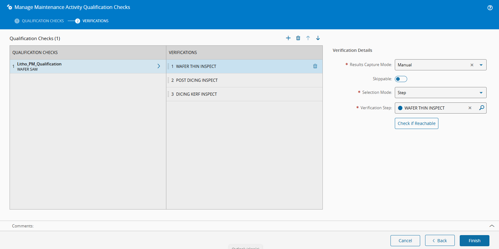 Screenshot showing the Verifications step of the manage maintenance activity qualification checks wizard