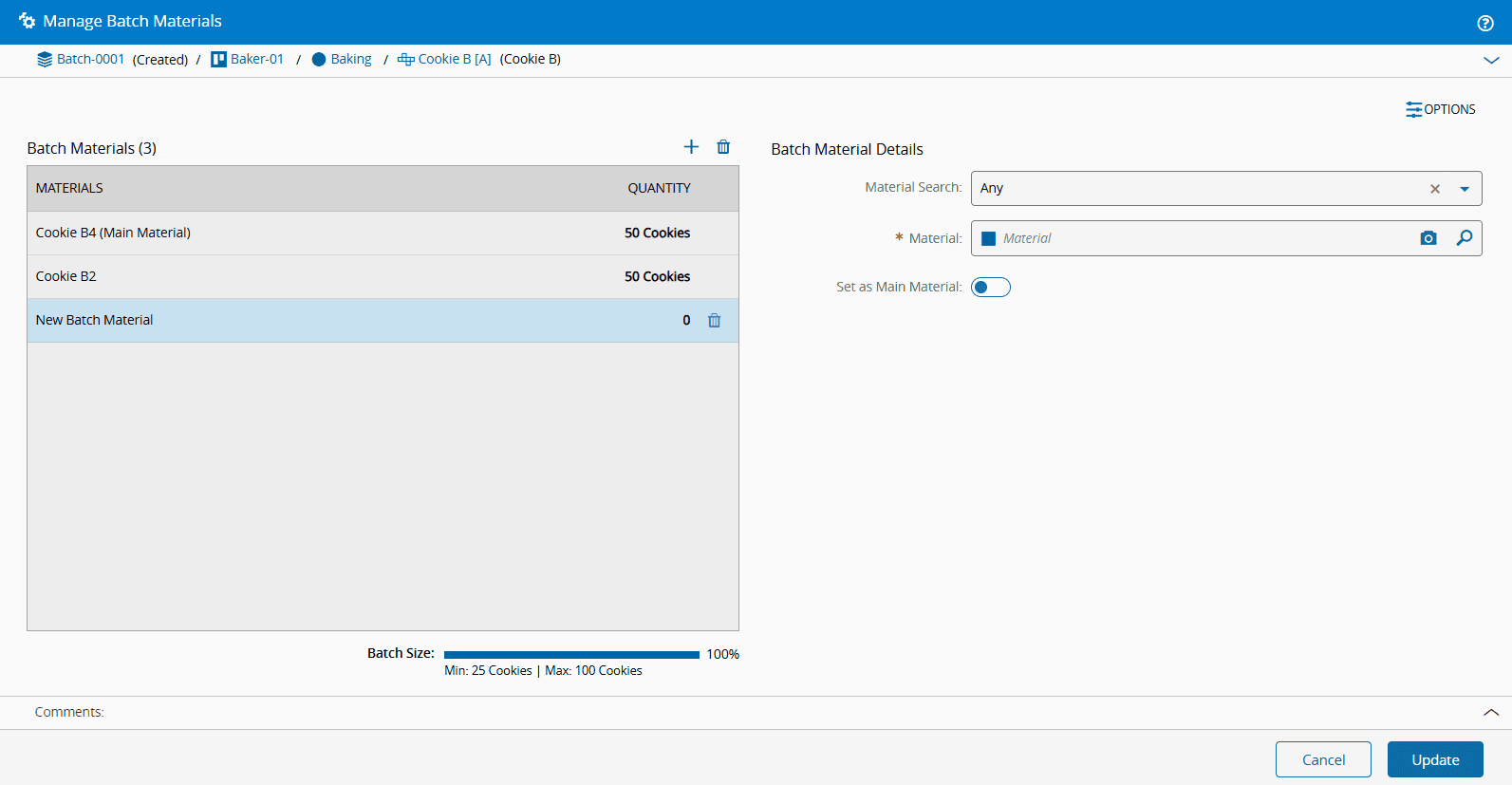 Screenshot showing a batch management page with a list of batch materials.