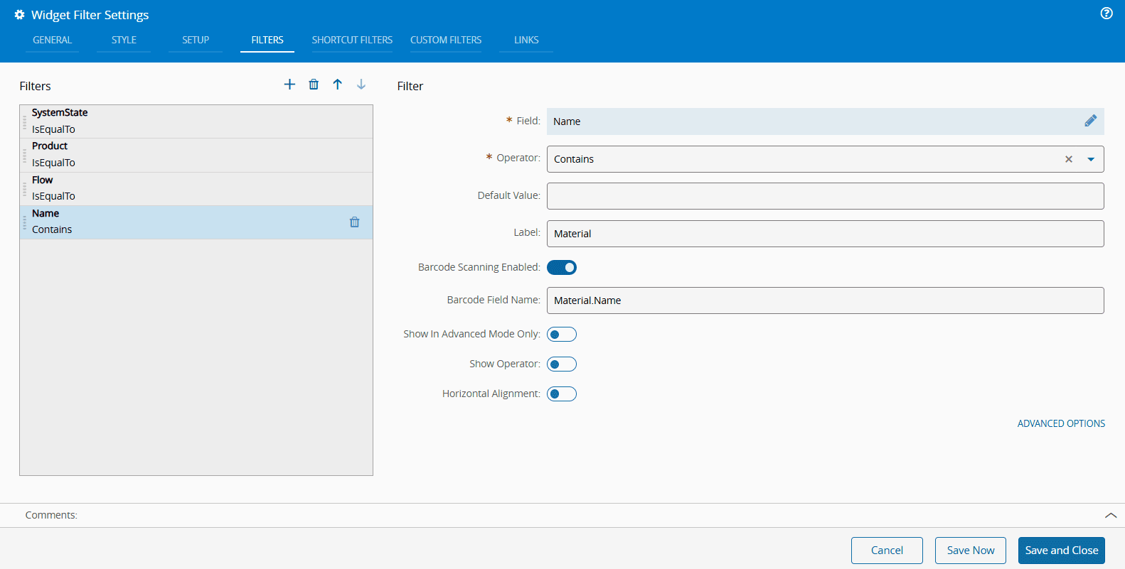 Filter widget settings to use with barcode scanning