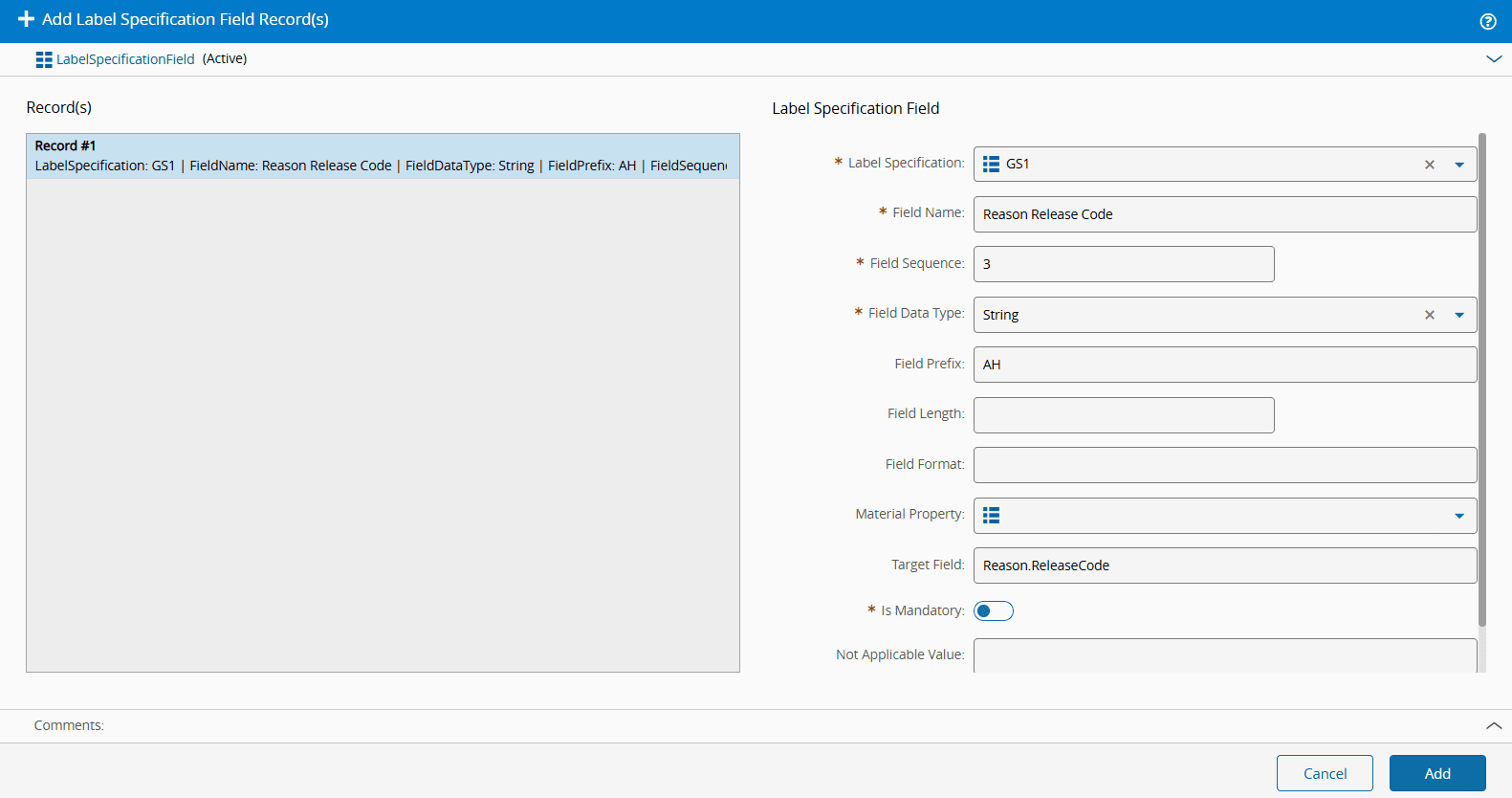 Add label specification field to use smart barcode scanning in the release material wizard