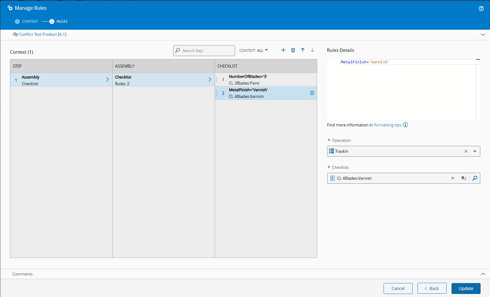 Screenshot showing a system configuration interface with rules management options.