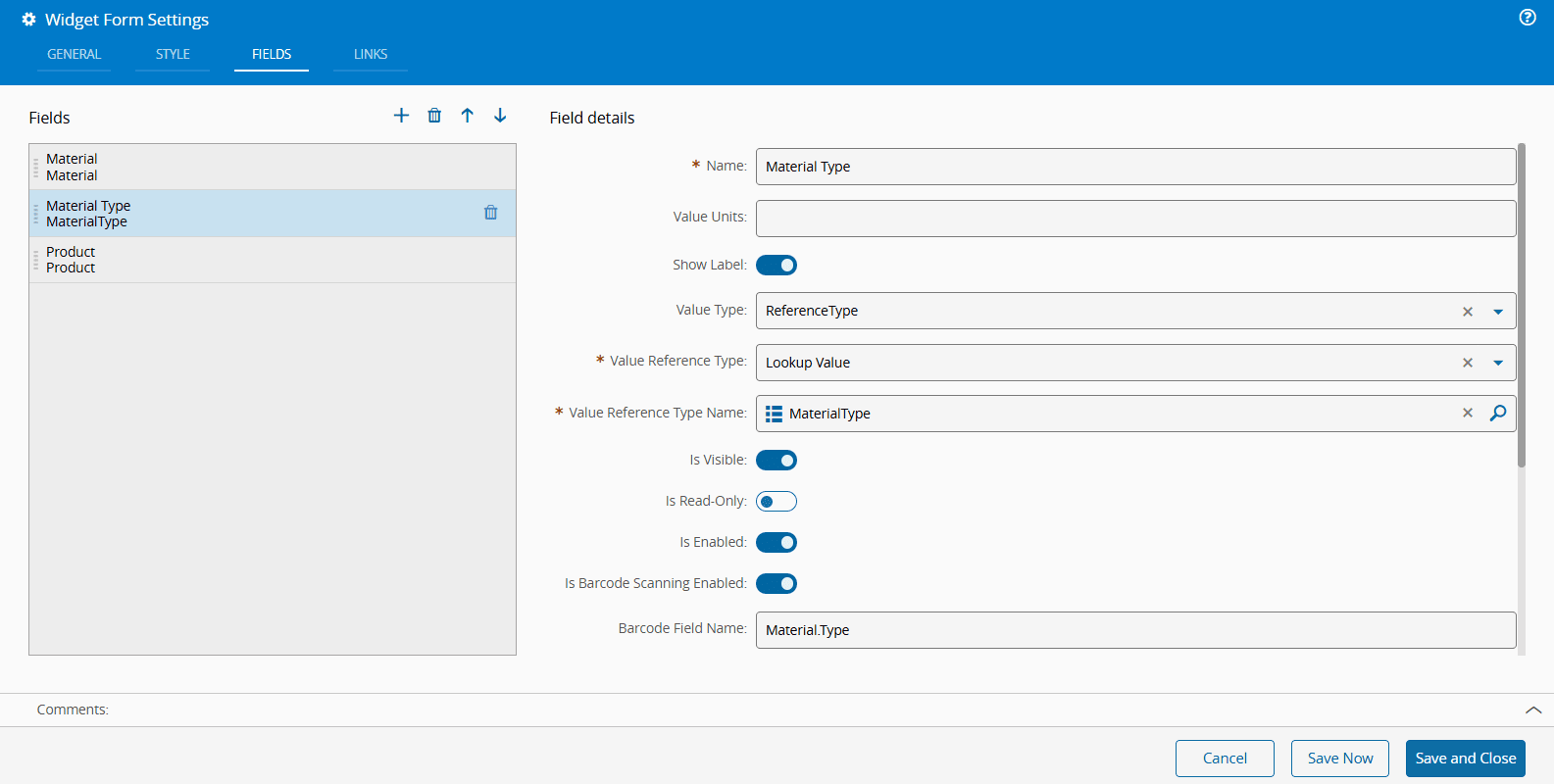 Screenshot showing a Form widget with fields for scanning and displaying barcodes.
