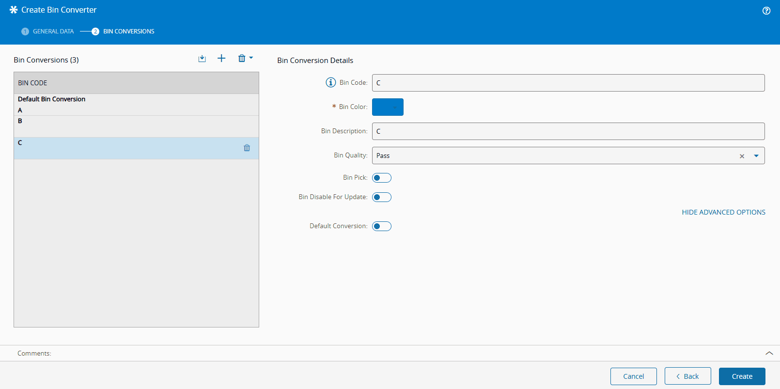 Screenshot showing a Bin Converter configuration with options for Bin Conversions and color settings.