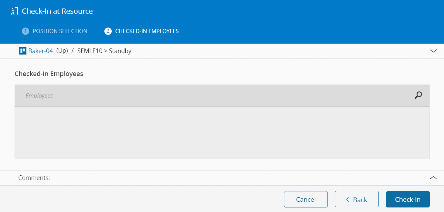 Screenshot showing a list of checked-in employees, with an option to select "Check-In" to complete the wizard.