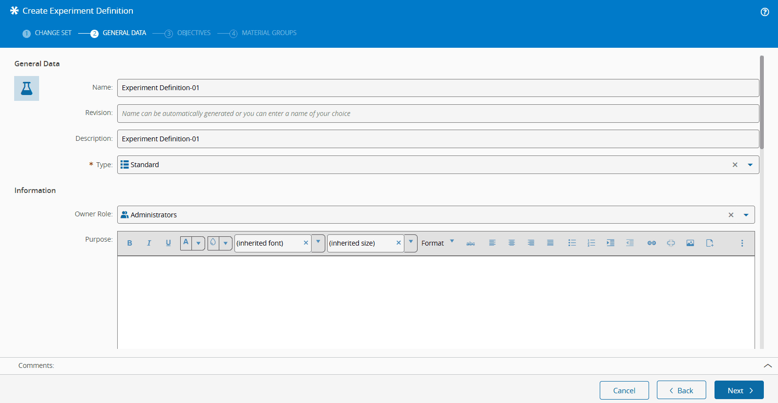 Screenshot showing a UI with fields for "Create Expenment Definition" and "General Data".