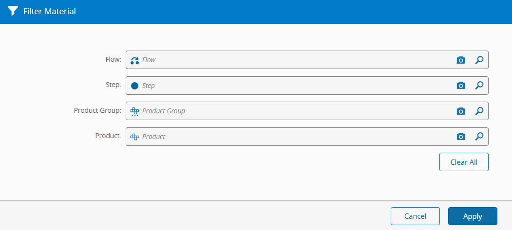 Screenshot showing a UI with options for filtering materials by Flow, Step, Product Group, and Product.