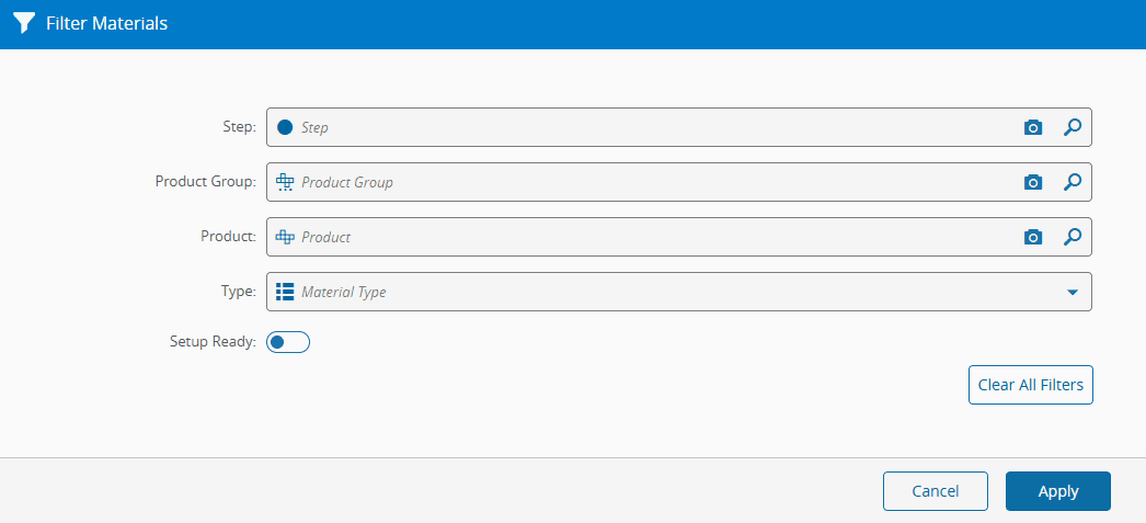 Screenshot showing a filter selection interface for materials, specifically the "Setup Ready" option.