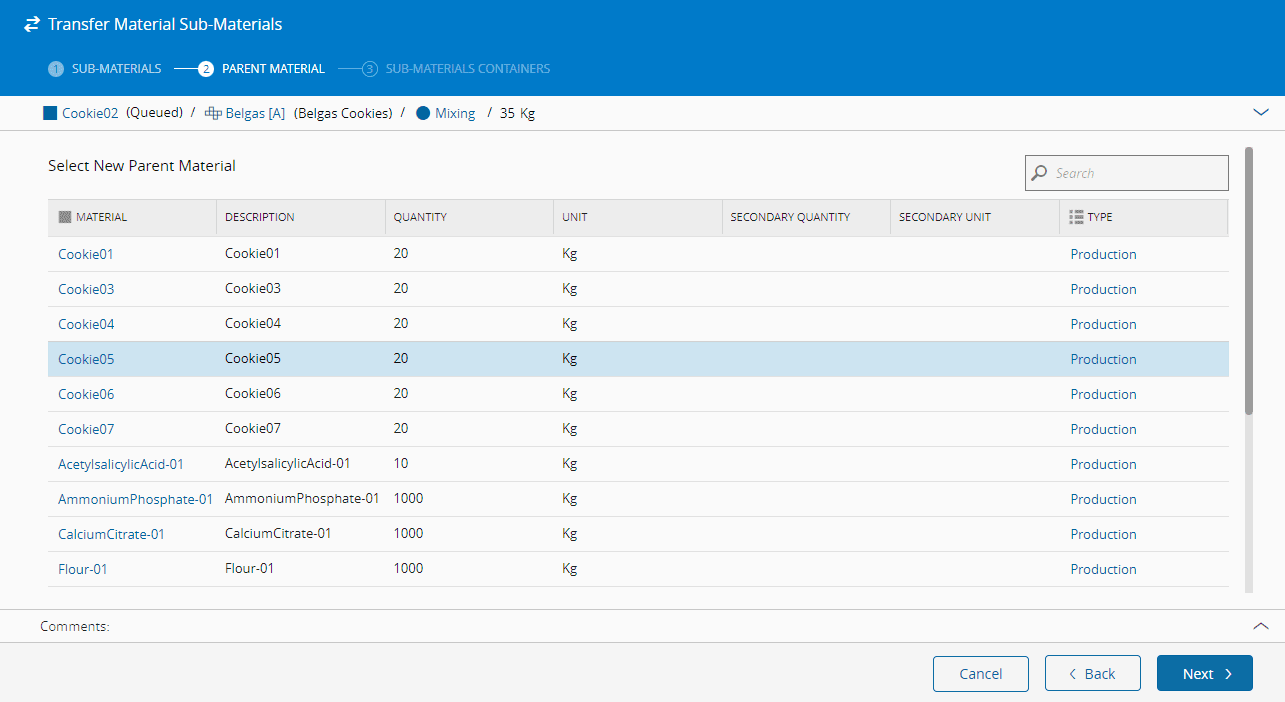 Screenshot showing a list of parent materials for selecting in the transfer process.