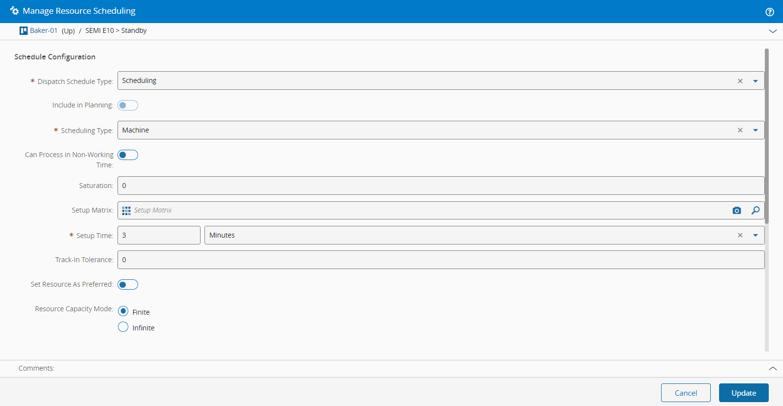 Screenshot showing a resource management interface with a "Manage Resource Scheduling" heading and an update button.
