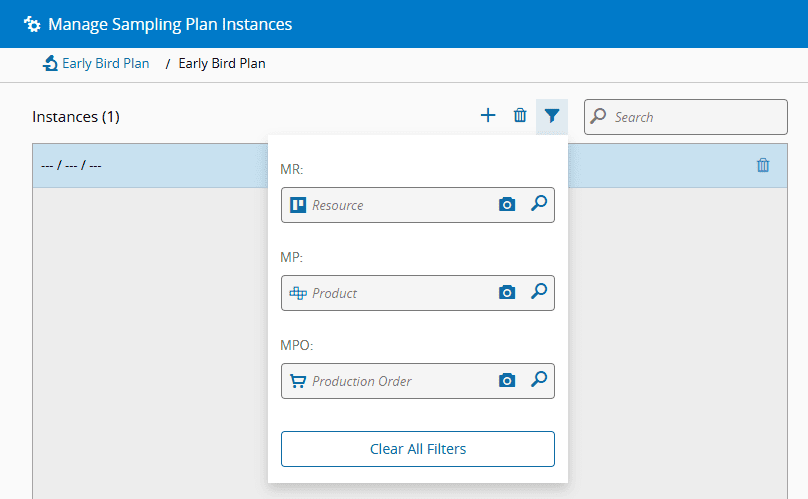 Screenshot showing a sampling plan instance filter with "Early Bird Plan" and "Update" options.