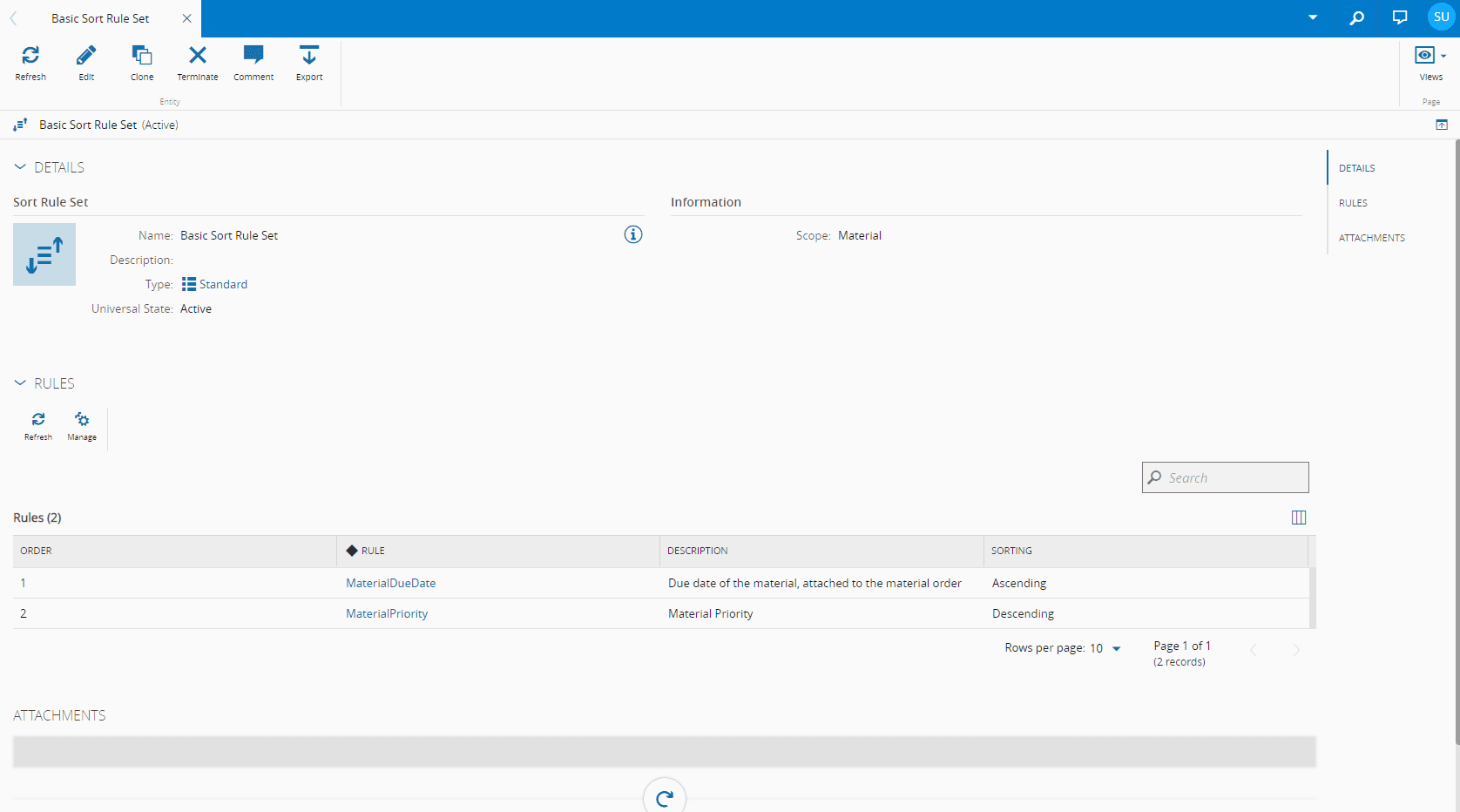Main view of the Sort Rule Set page