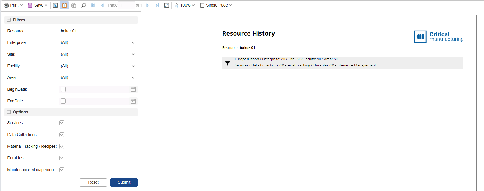 Resource History report - filters