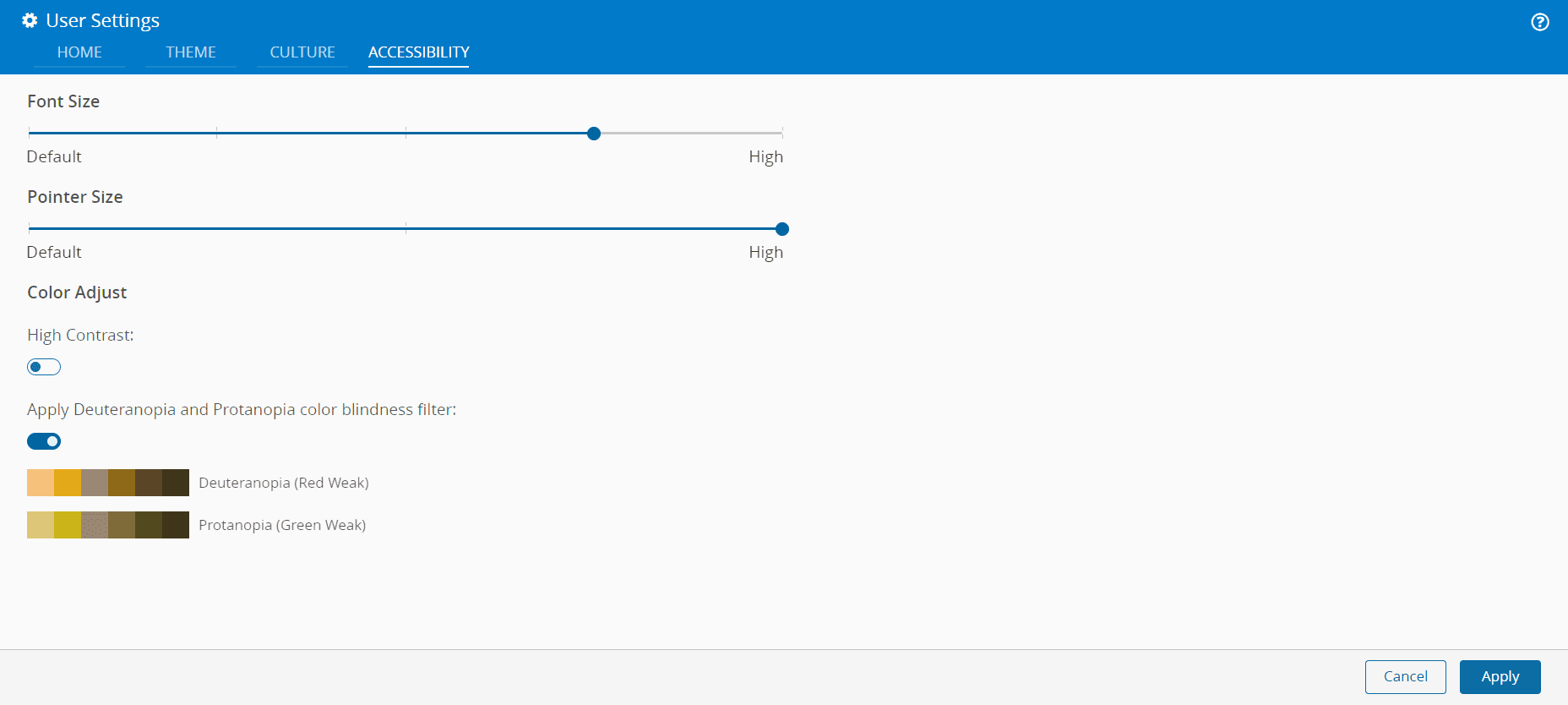 Screenshot showing a color adjustment interface with an option for enabling high contrast mode.