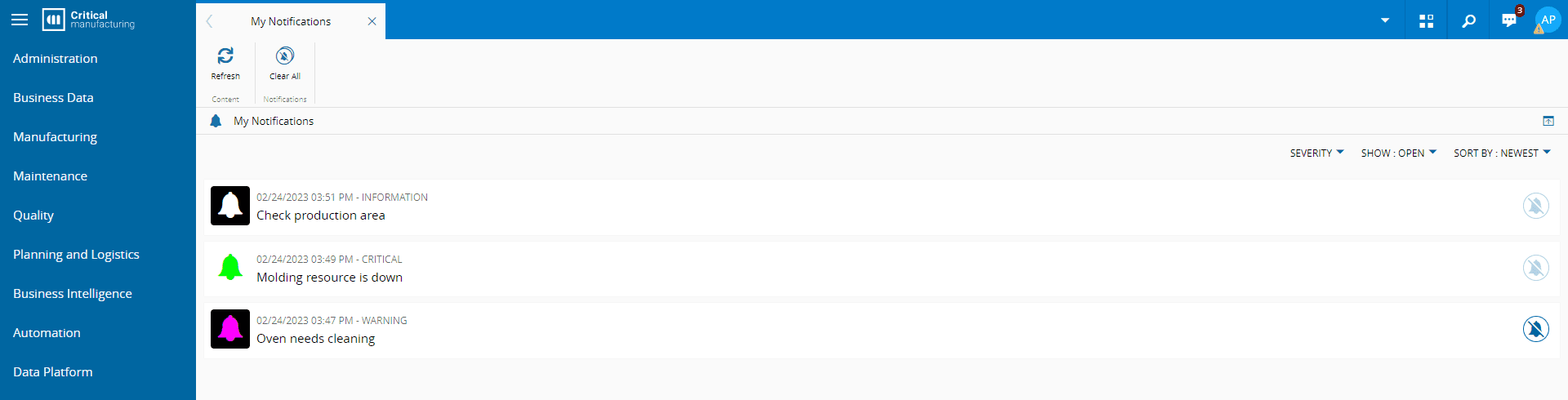 Screenshot showing a notification filter settings page with options to sort by newest, oldest, highest, and lowest severity.