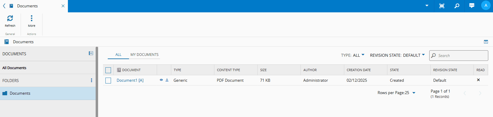 Screenshot showing the Documents page with available actions to view and download documents.