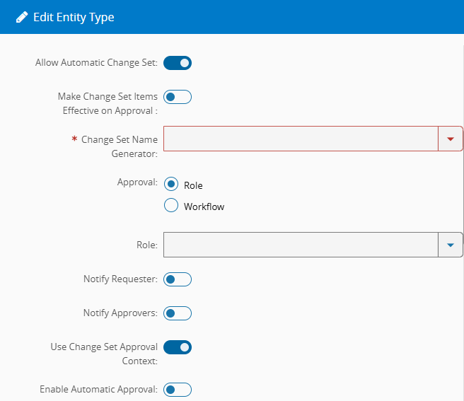 Screenshot showing a setup configuration for automatic change sets with an edit entity type field.