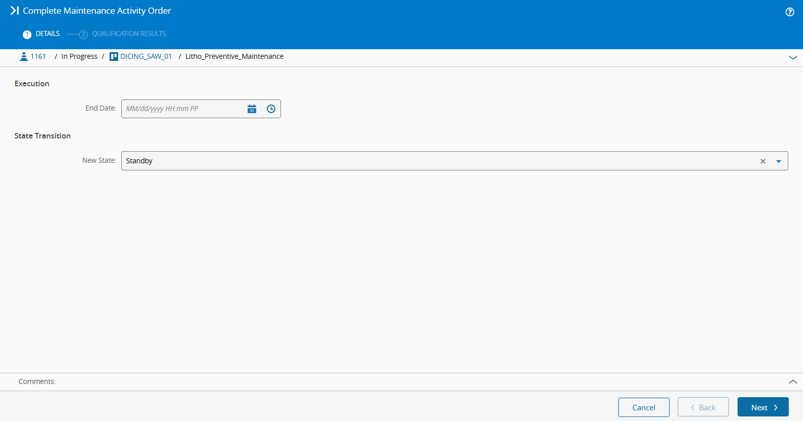 Screenshot showing how to complete a maintenance activity order