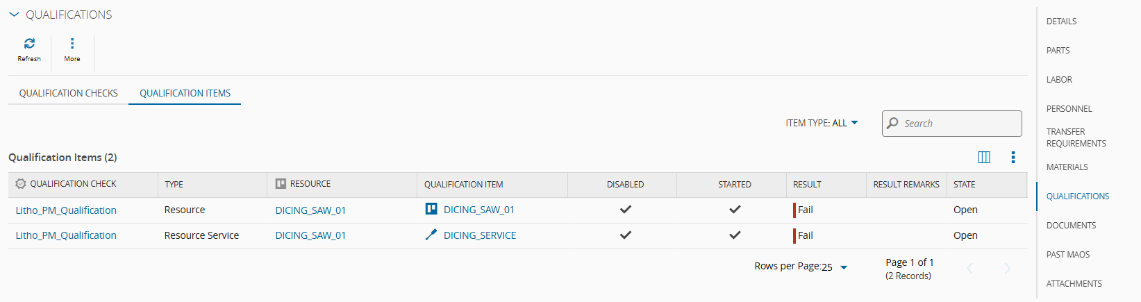 Screenshot showing the qualification items of the MAO when the results are set to fail