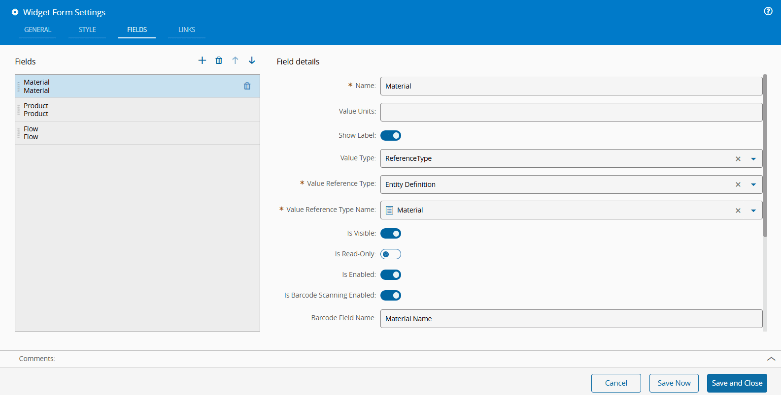Settings used in the form widget to enable smart barcode scanning
