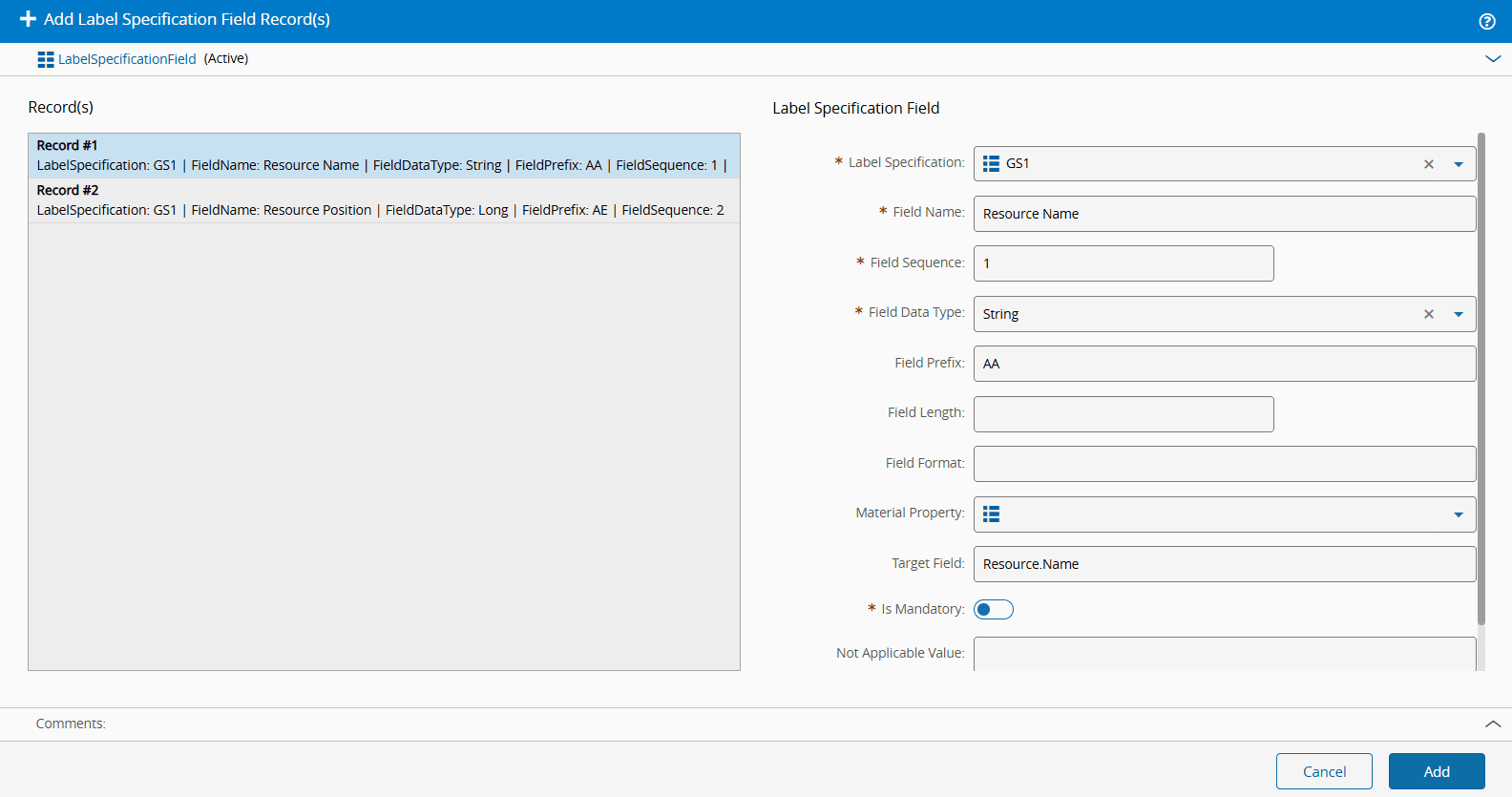 Add label specification field to use smart barcode scanning in the store material wizard