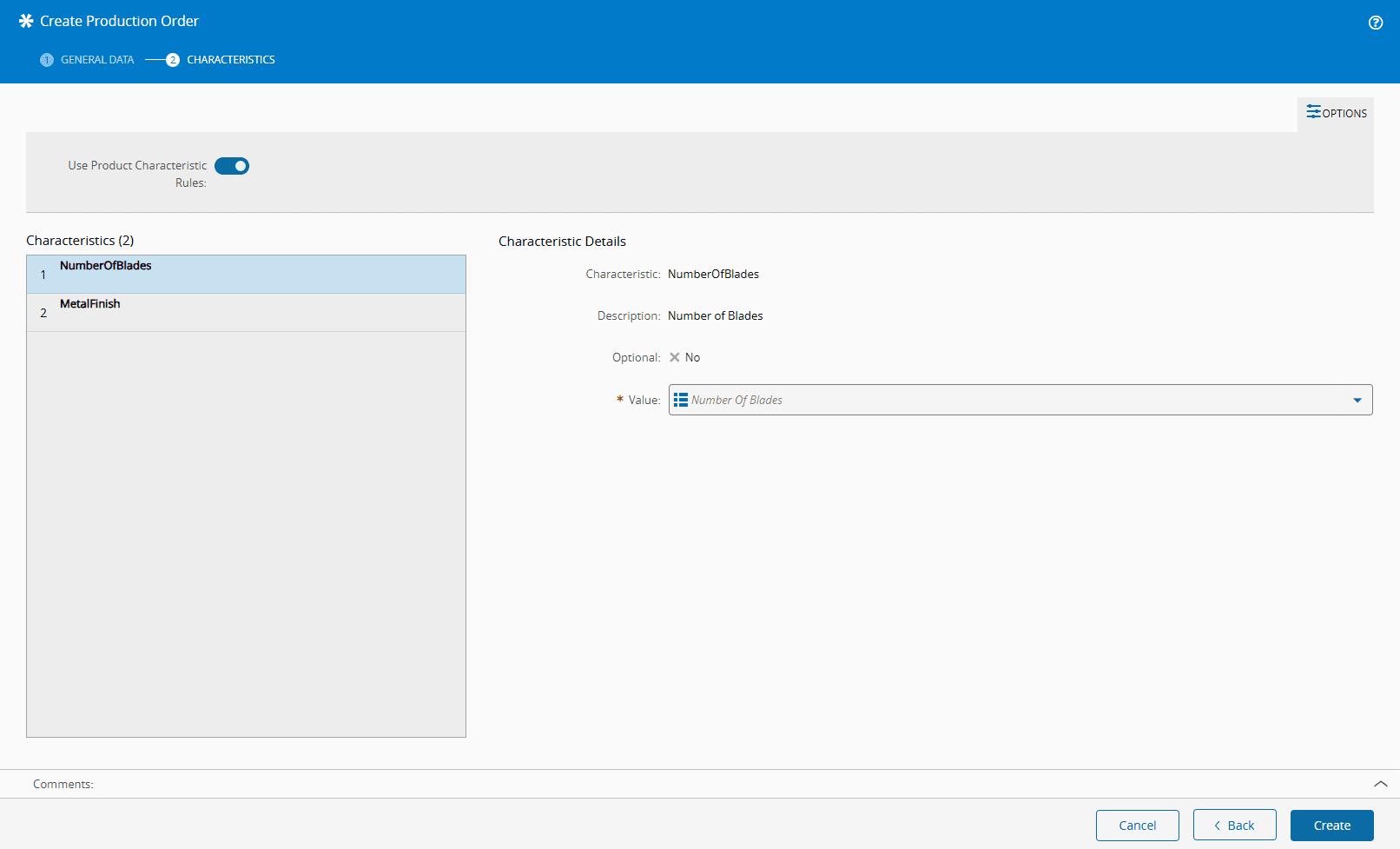 Screenshot showing a GUI element with default value "3%" in the context of creating a production order.