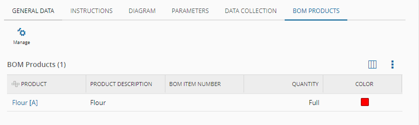 Screenshot showing a list of BOM products with product type and part type fields.