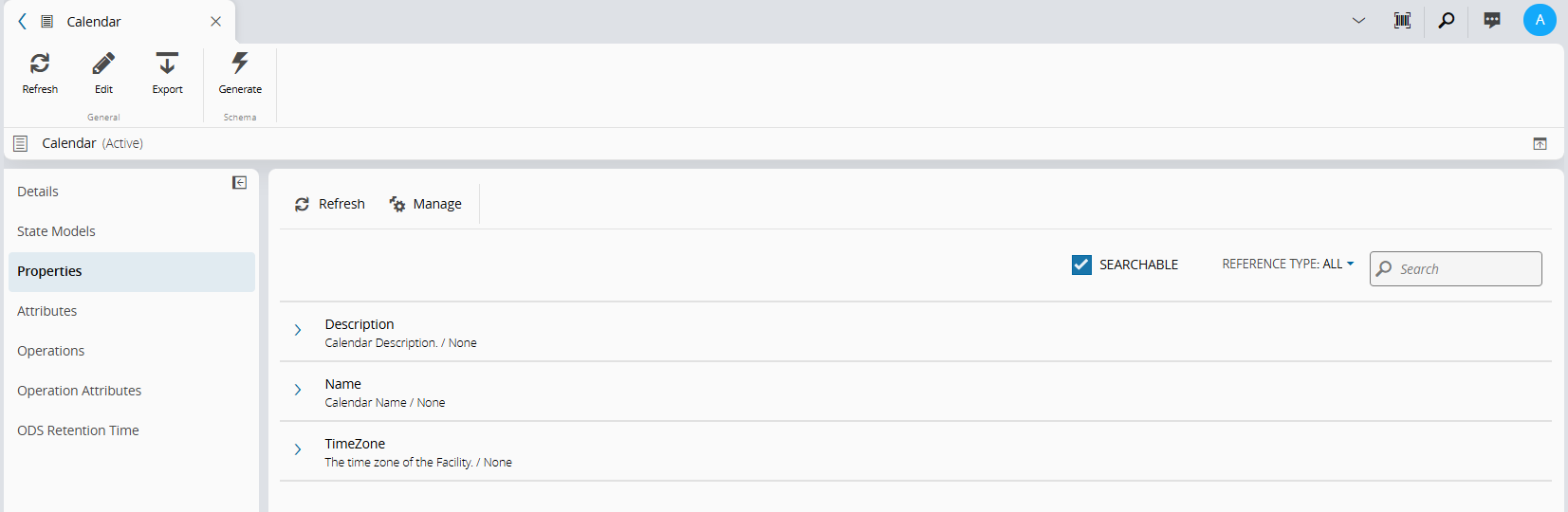 Screenshot showing the Searchable flag in the Entity Type's Properties section.