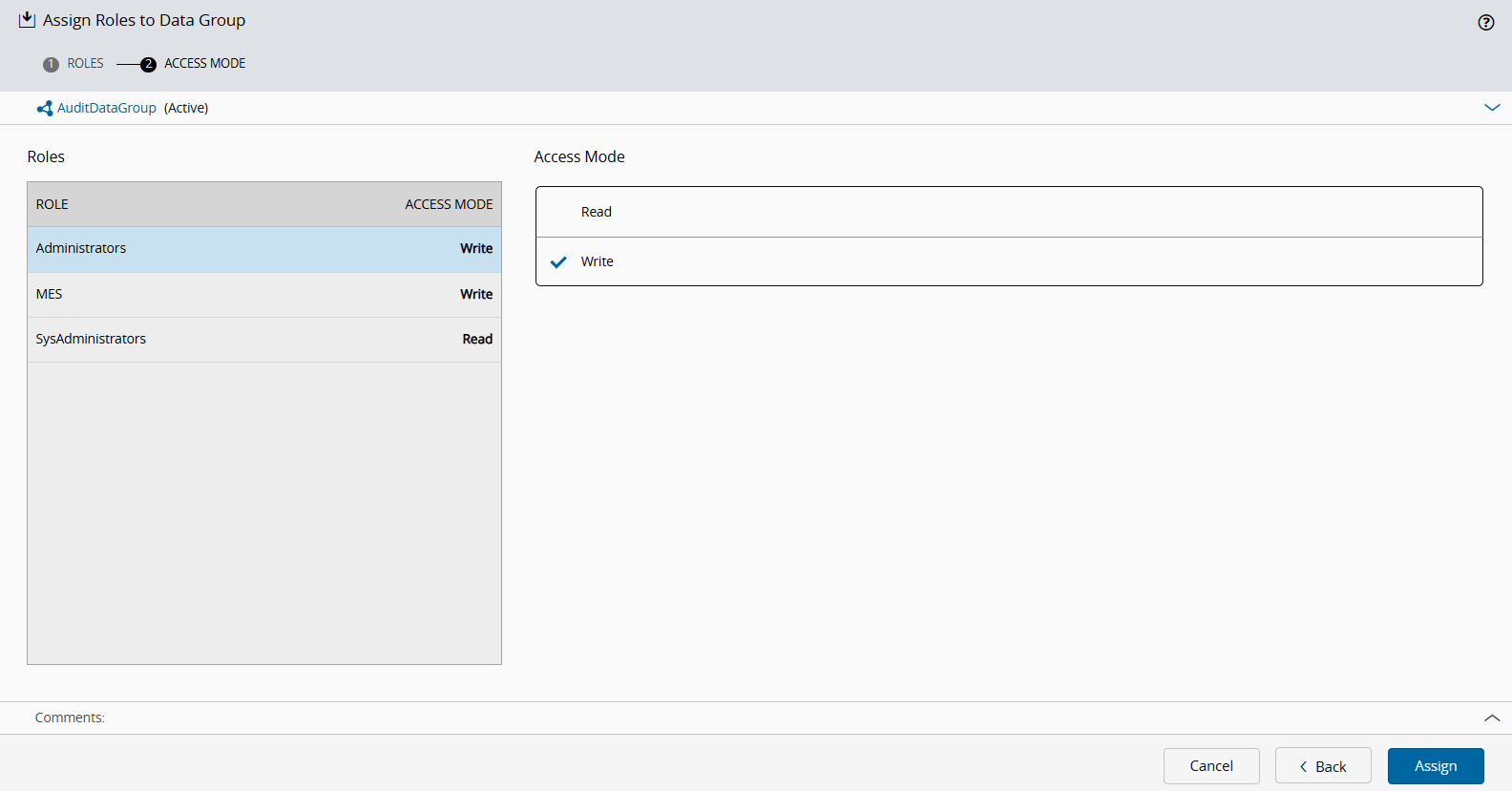 Assign Roles dialog showing the access mode selected for each role