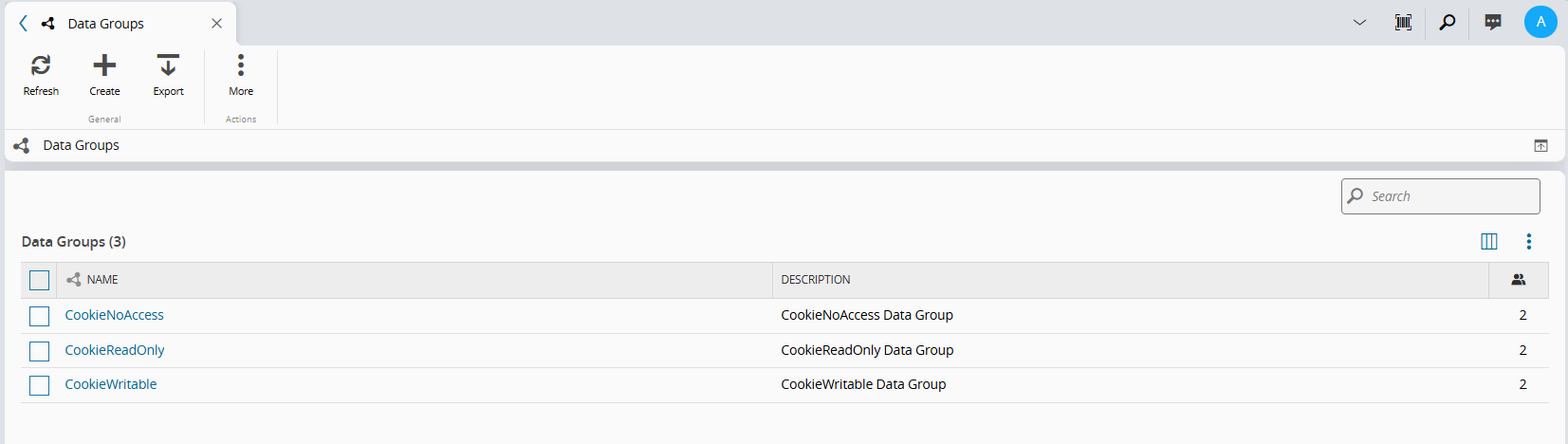 Data Groups list showing the available data groups in the security page