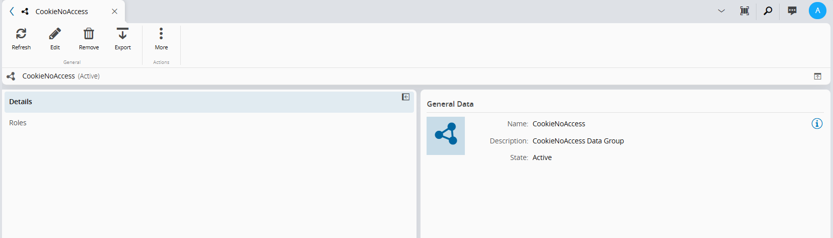 Data Group details view showing the general information and roles sections