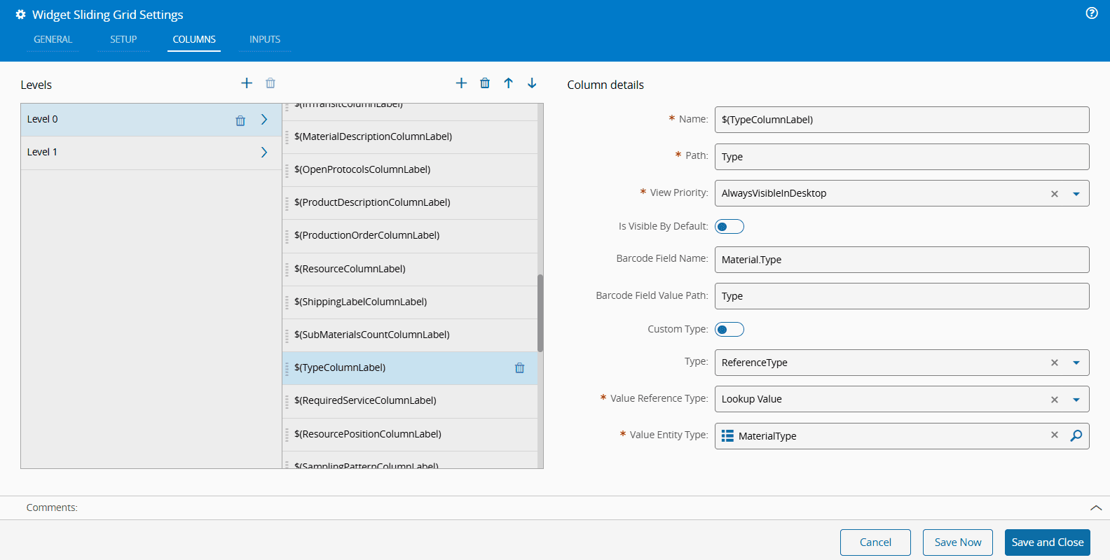 Screenshot showing Sliding Grid Settings with Columns tab, highlighting column settings for barcode scanning.