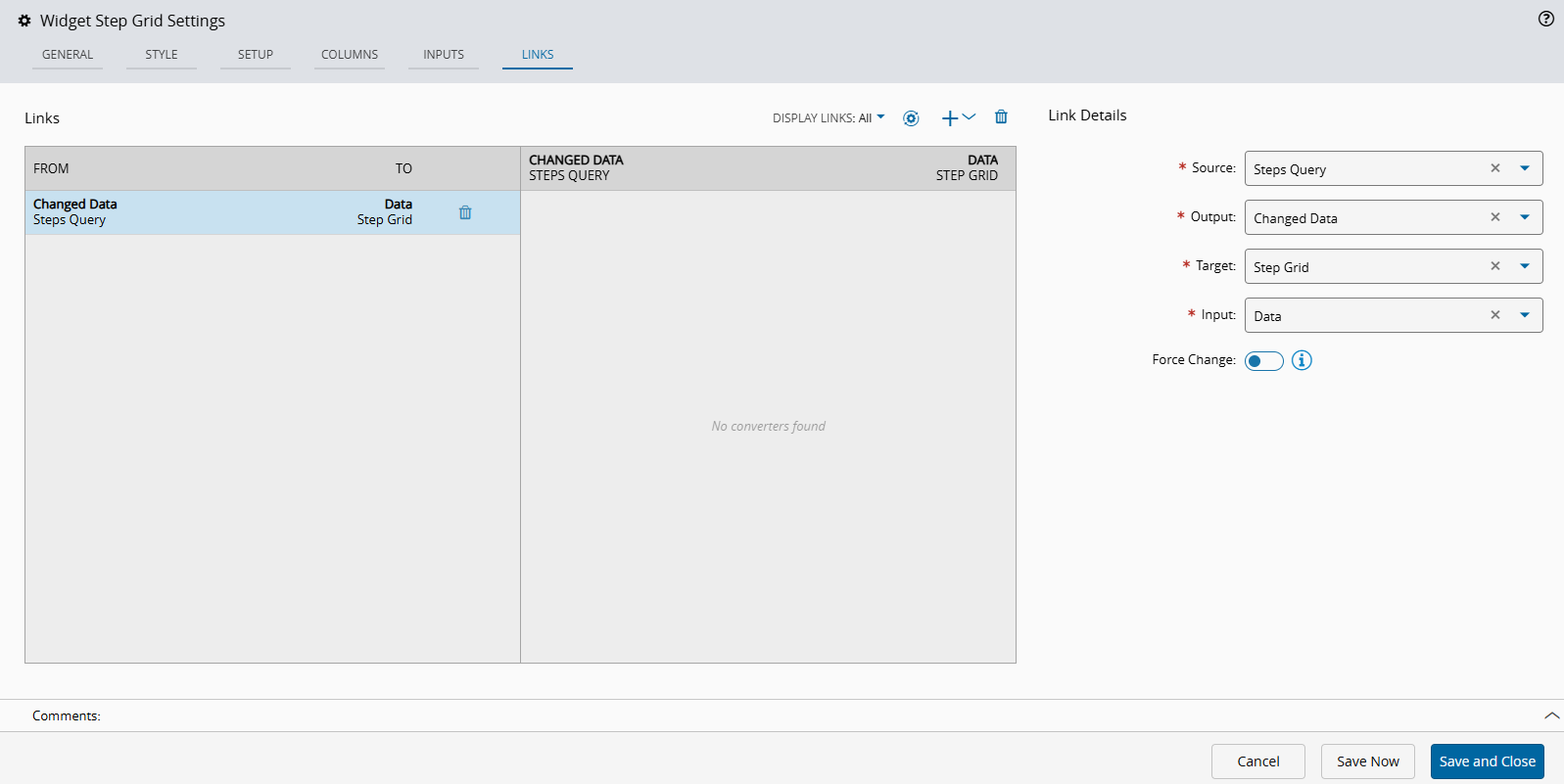 Screenshot showing a Grid widget with columns configured for the entity properties.