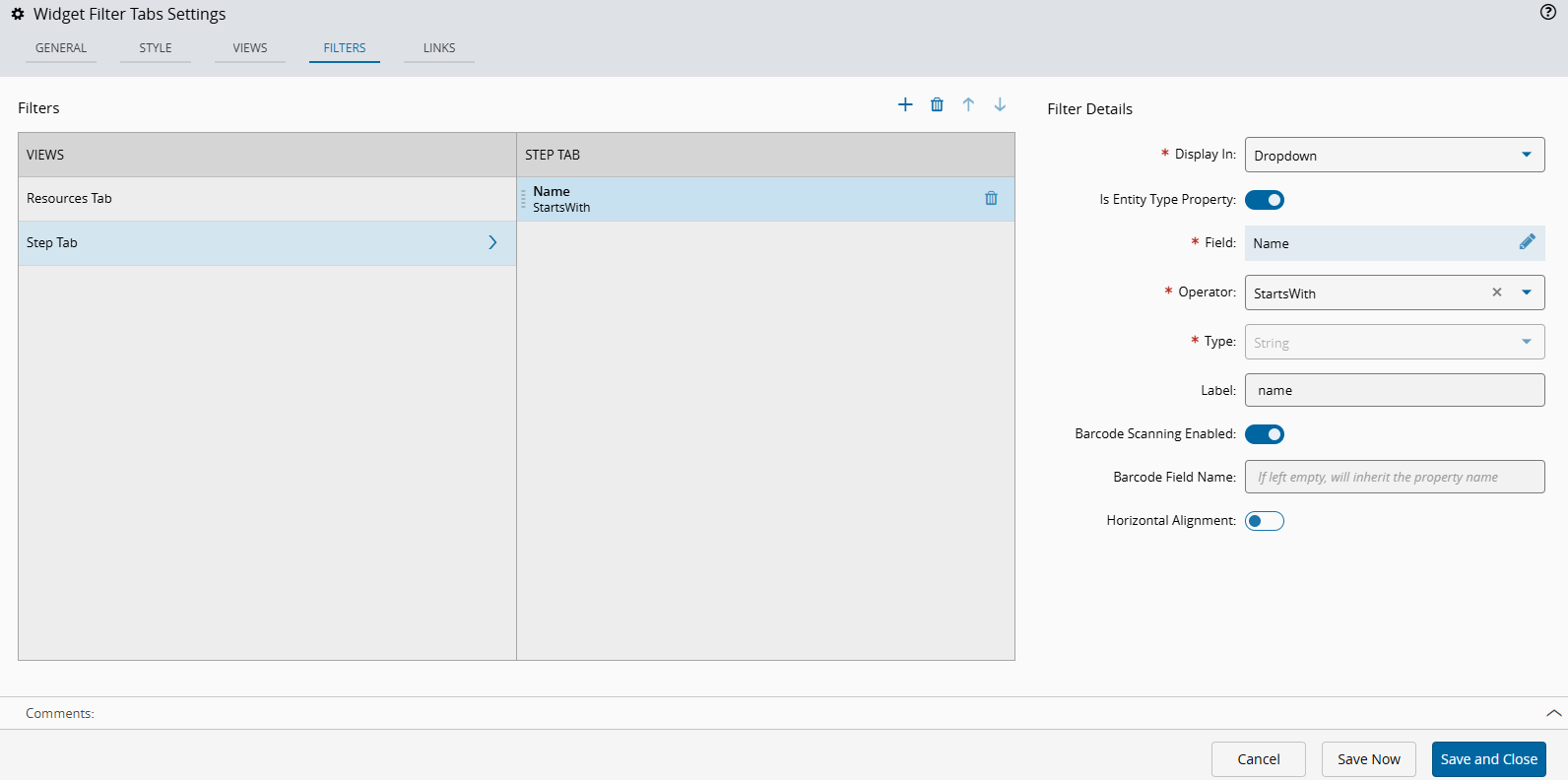Filter Tabs Filters tab with filters configured for the Steps and Resources views
