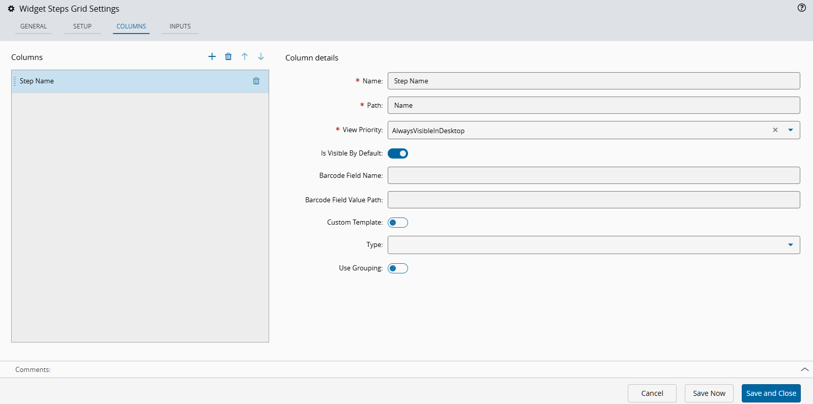 Screenshot showing a Grid widget with columns configured for the Steps view.