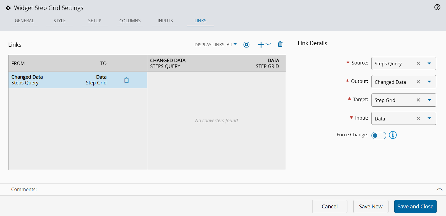 Screenshot showing a Grid widget with columns configured for the entity properties.