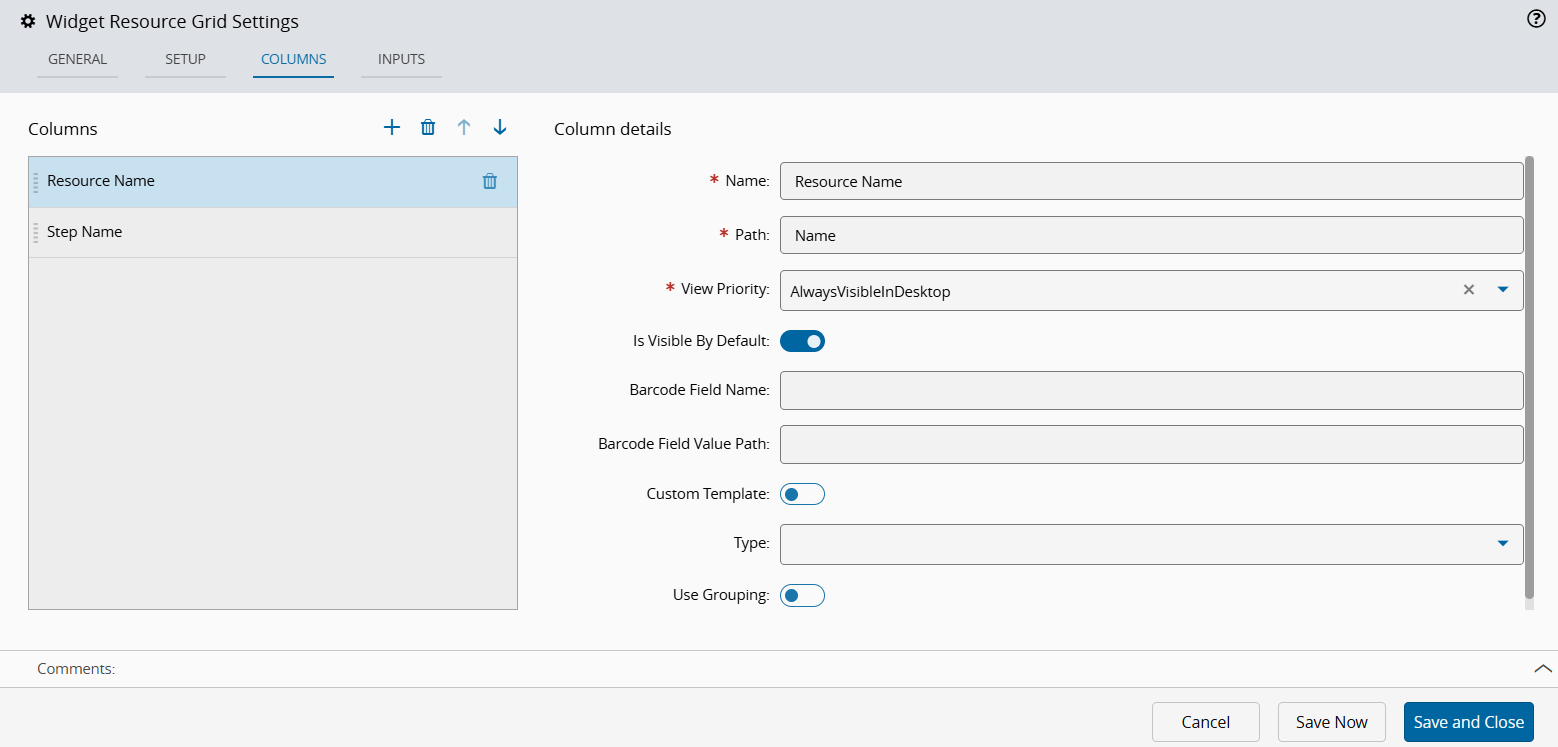Screenshot showing a Grid widget with columns configured for the entity properties.
