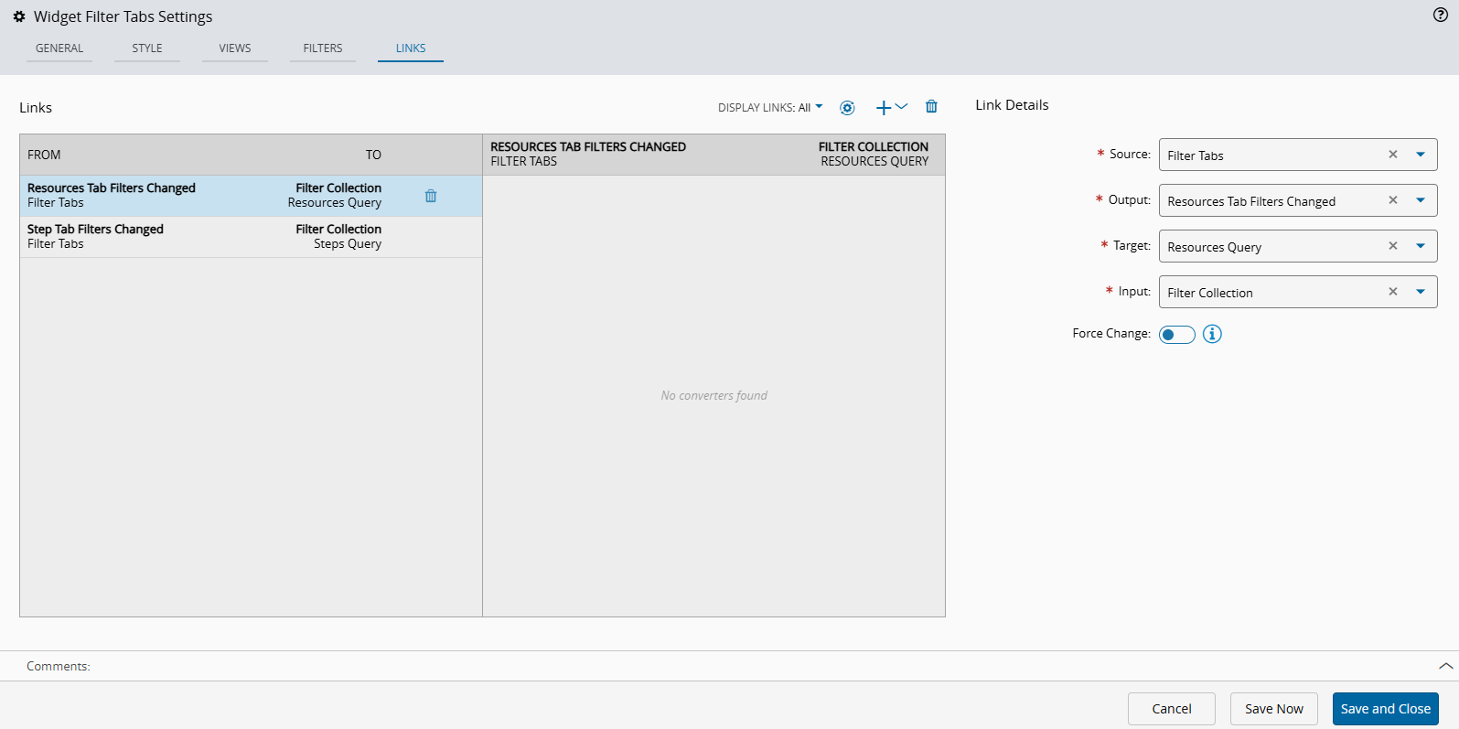 Screenshot showing UI Page Links tab with two Query tasks connected to the Filter Tabs widget