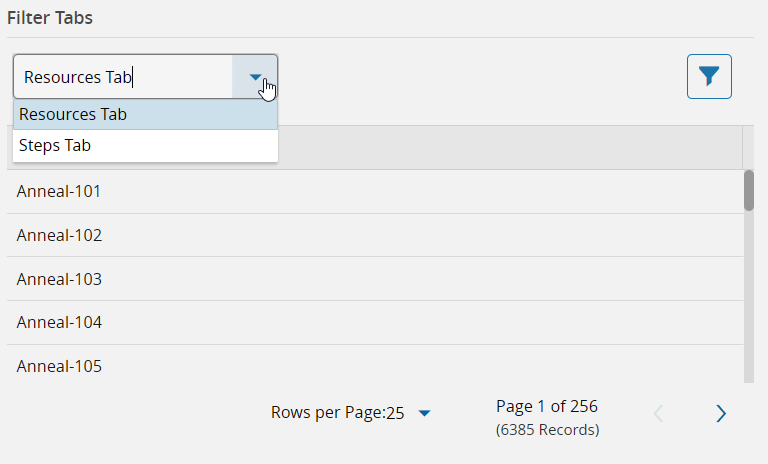 Screenshot showing the Filter Tabs widget and Grid widget on a UI Page with no filters applied.