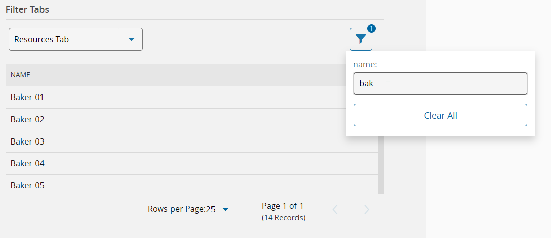 Screenshot showing the Filter Tabs widget and Grid widget on a UI Page with a filter applied.