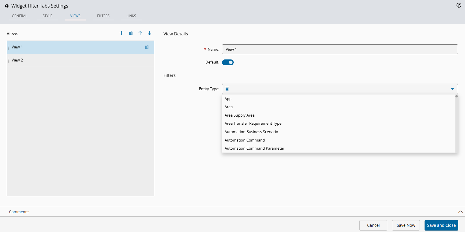 Filter Tabs views settings